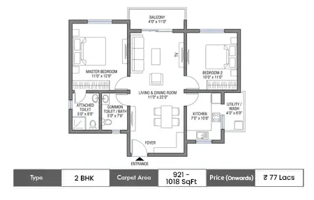 Sowparnika Whitefield Hoskote 2 BHK floor plan, 921 sq ft carpet area